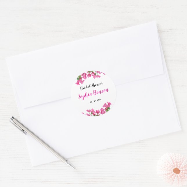 Pink Bougainvillea Floral Bridal Shower Classic Round Sticker (Envelope)