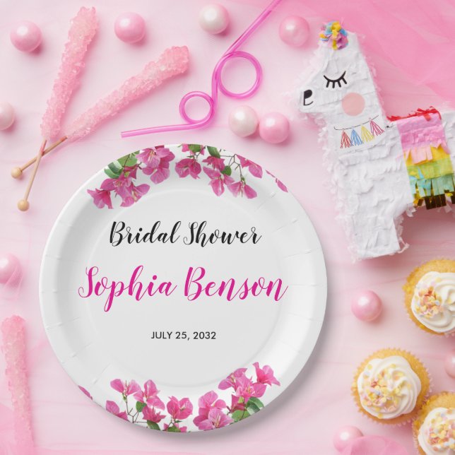 Pink Bougainvillea Floral Bridal Shower Paper Plates (Party)