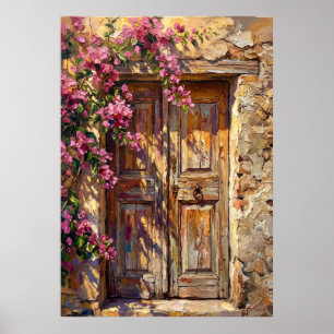 Pink Bougainvillea Floral Rustic Wooden Door Art P Poster