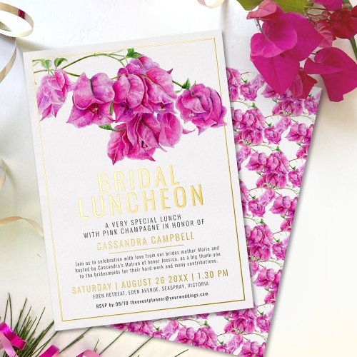 Pink bougainvillea gold pink white bridal luncheon foil invitation