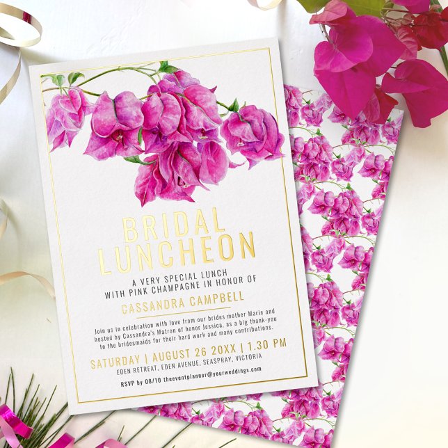 Pink bougainvillea gold pink white bridal luncheon foil invitation (Creator Uploaded)