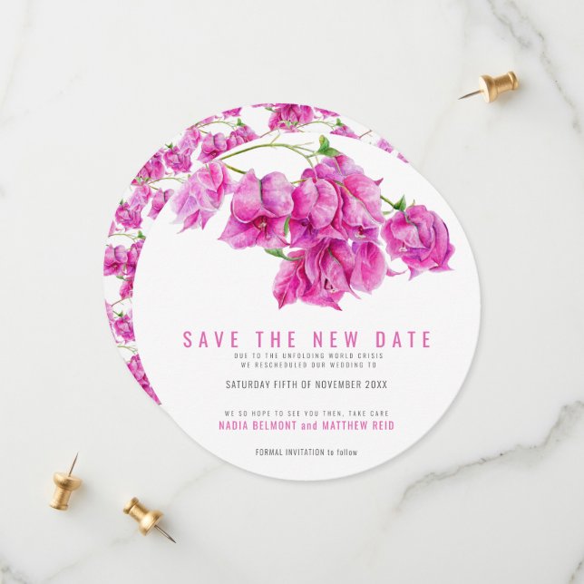 Pink bougainvillea save the new date wedding round save the date (Front/Back In Situ)