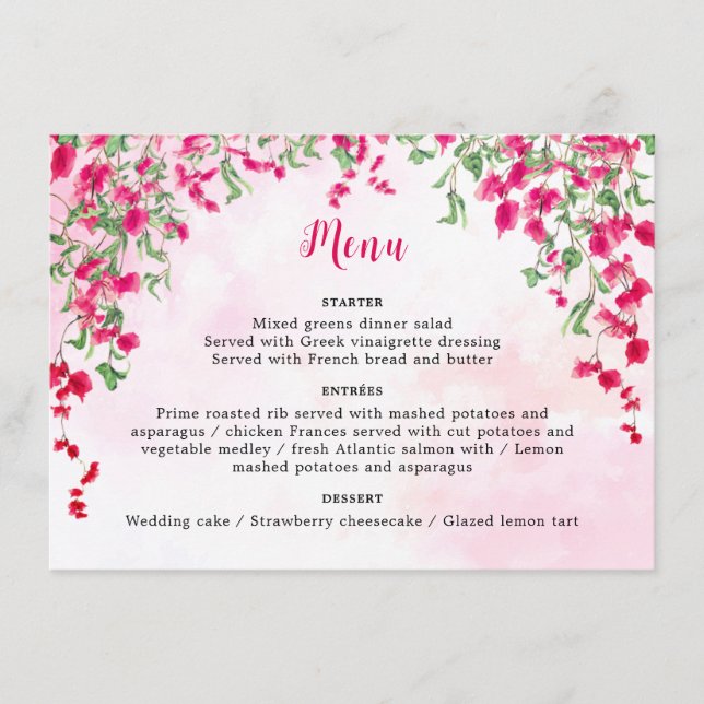 Pink Bougainvillea Tropical Forest Wedding Shower Menu (Front)