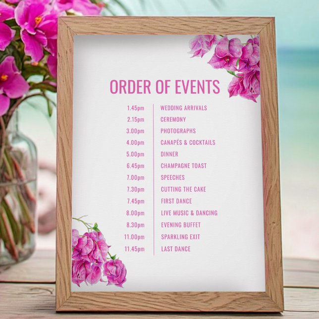 Pink bougainvillea wedding order of events poster (Creator Uploaded)