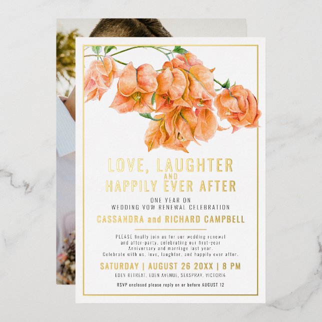 Pink bougainvillea wedding vow renewal gold orange foil invitation (Front/Back)