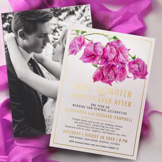 Pink bougainvillea wedding vow renewal gold pink foil invitation (Creator Uploaded)