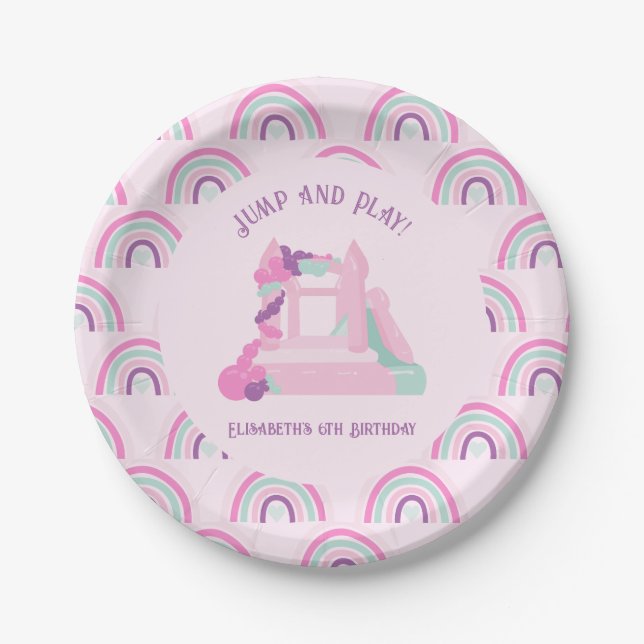 Pink Bounce House Castle Birthday Paper Plates (Front)