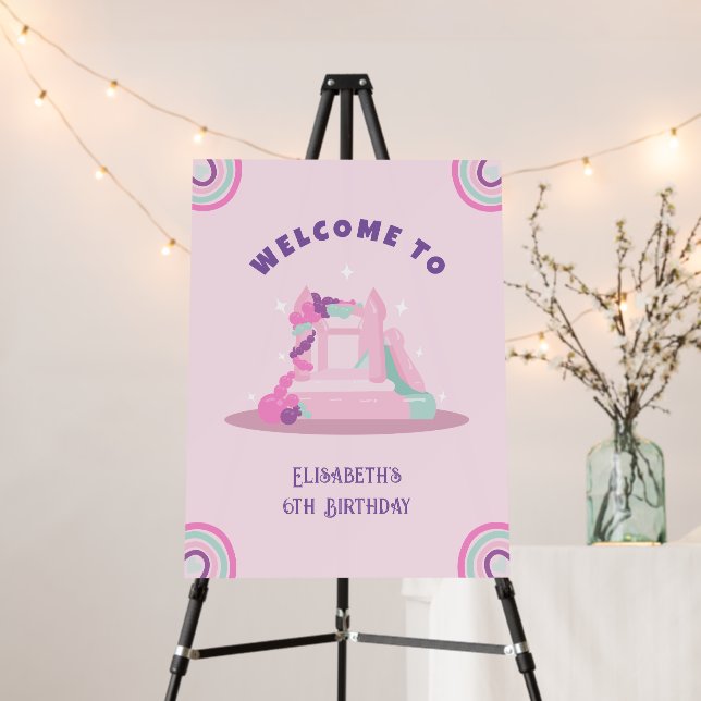 Pink Bounce House Castle Birthday Welcome Sign (In Situ (Stand))