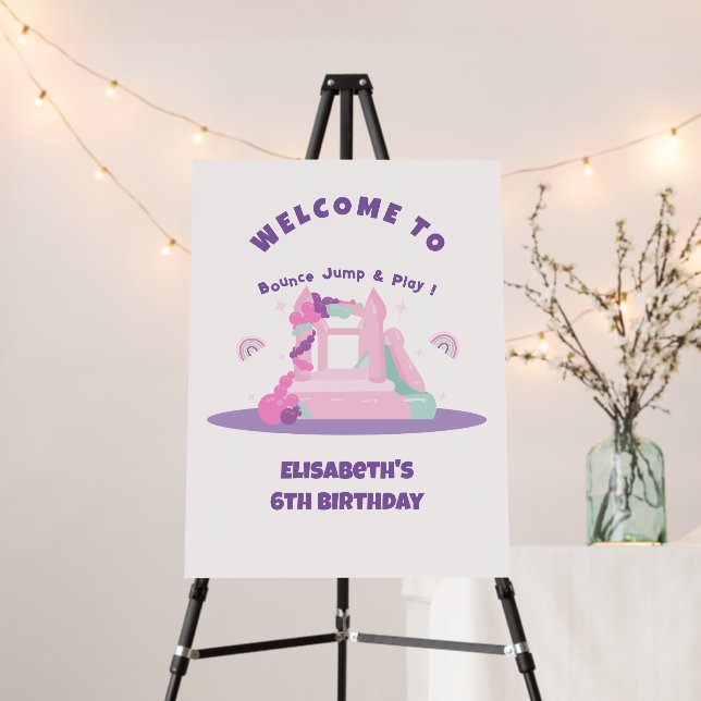 Pink Bounce House Castle Birthday Welcome Sign (In Situ (Stand))