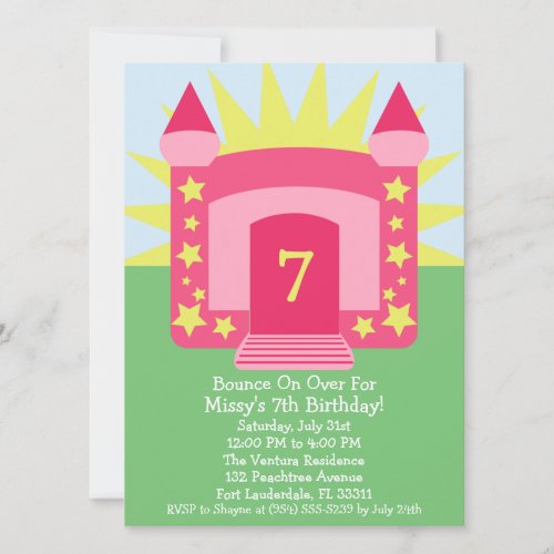 Pink Bounce On Over Bounce House Birthday Party Invitation