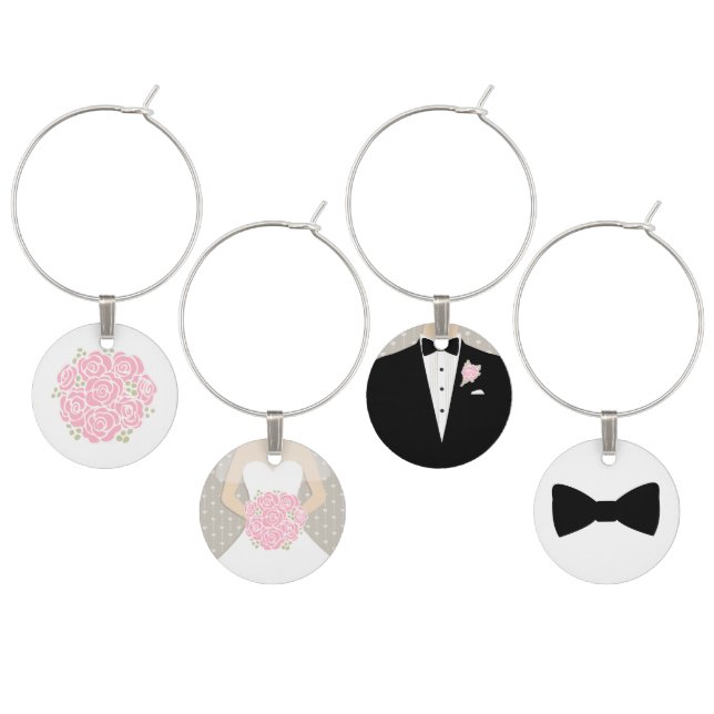 Pink bouquet bride groom & honours wedding charms (Staggered)
