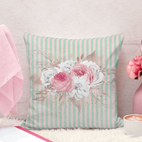 Pink Bouquet Stripes Throw Pillow