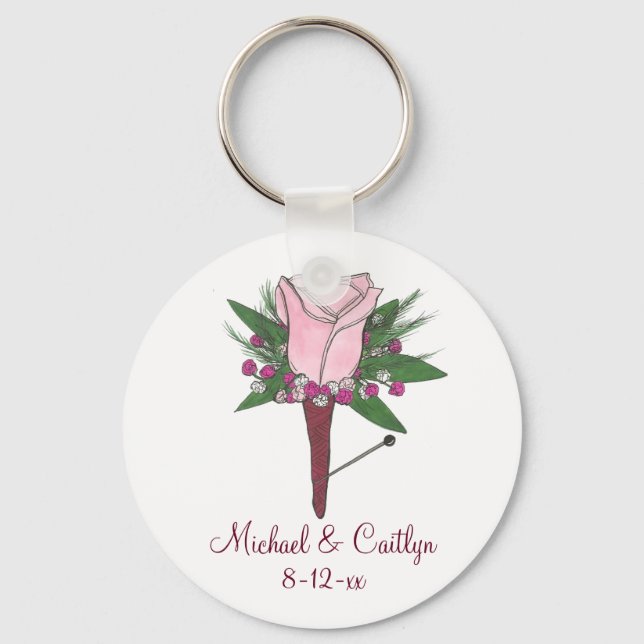 Pink Boutonniere Rose Wedding Groom Best Man Keychain (Front)