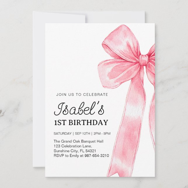 Pink Bow 1st Birthday,Elegant 1st Pink Ribbon Invitation (Front)