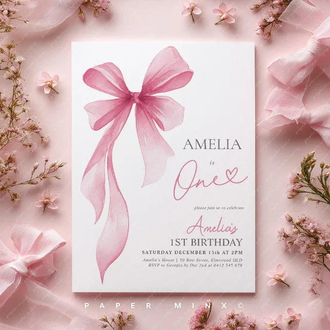 Pink Bow 1st Birthday Girl Coquette Invitation | Zazzle
