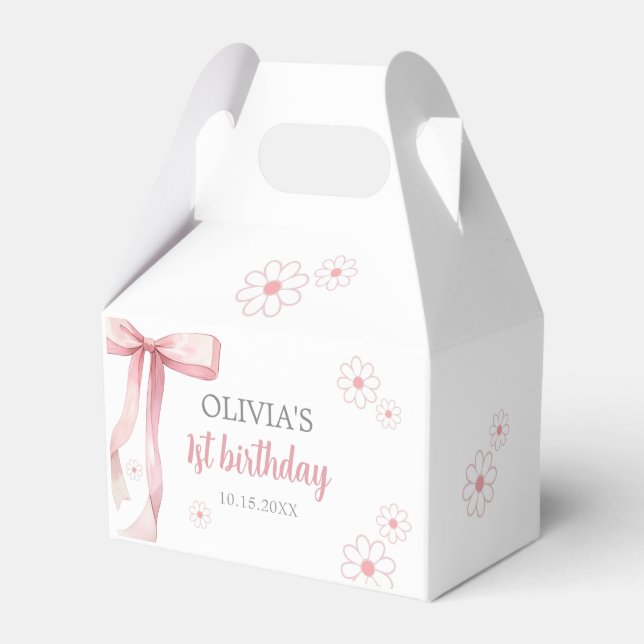 Pink Bow 1st Birthday Girl Favor Boxes (Front Side)