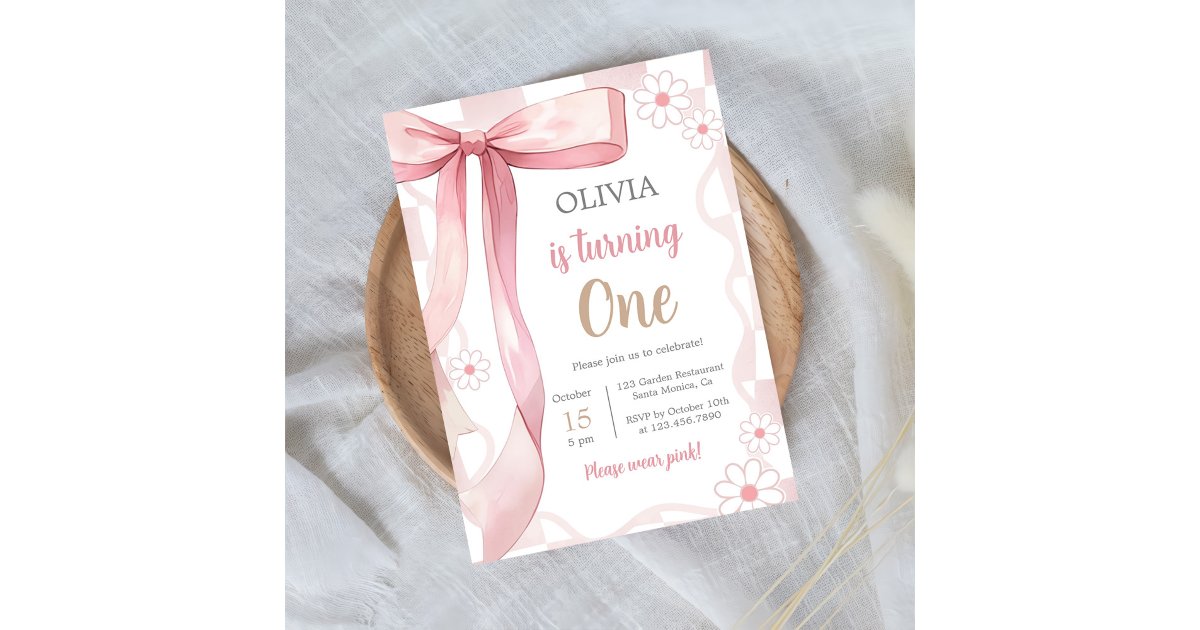 Pink Bow 1st Birthday Girl Invitation | Zazzle