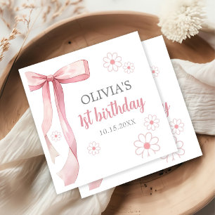 Pink Bow 1st Birthday Girl Napkins