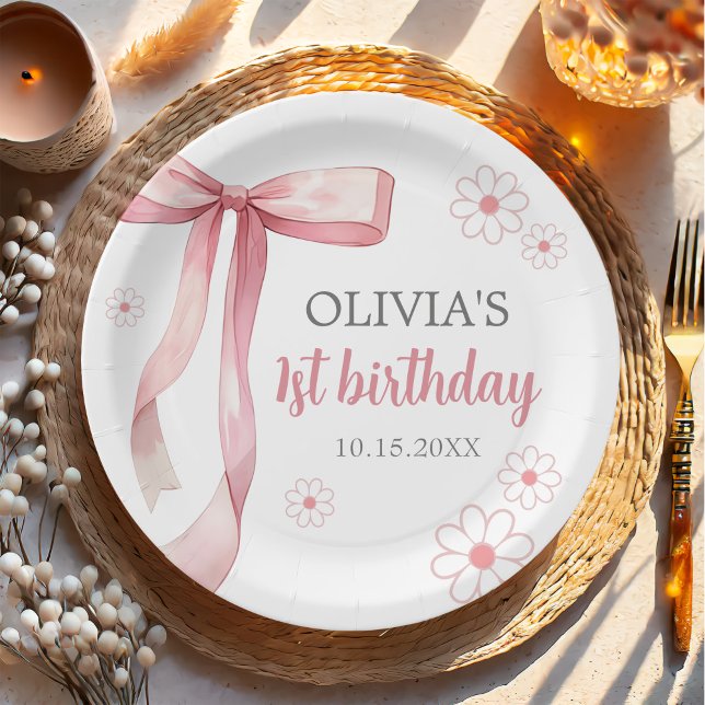 Pink Bow 1st Birthday Girl Paper Plates (Creator Uploaded)