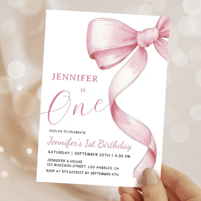 Pink Bow 1st Birthday Girl Party Invitation | Zazzle