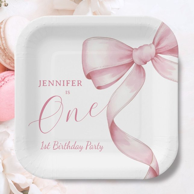 Pink Bow 1st Birthday Girl Party Paper Plates (Creator Uploaded)