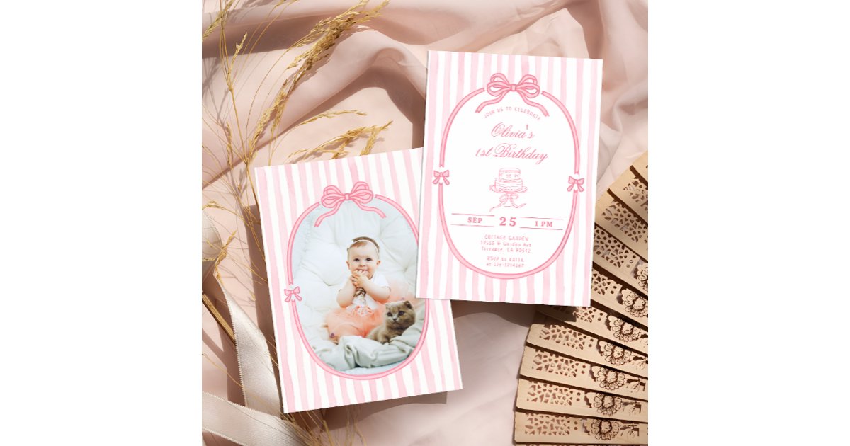Pink Bow 1st Birthday Girl Photo Invitation | Zazzle
