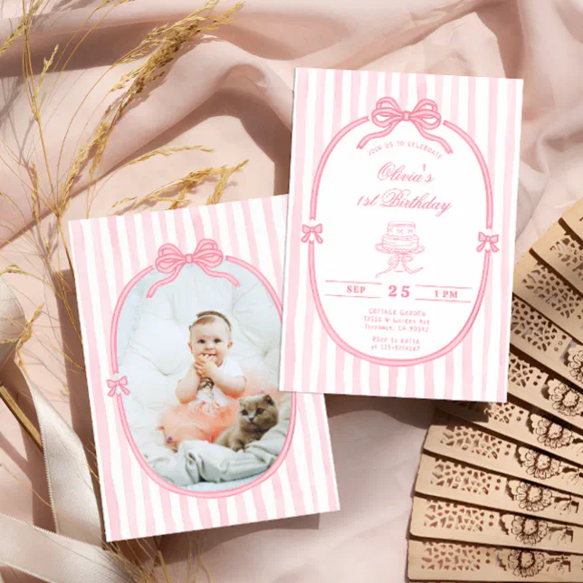 Pink Bow 1st Birthday Girl Photo Invitation | Zazzle