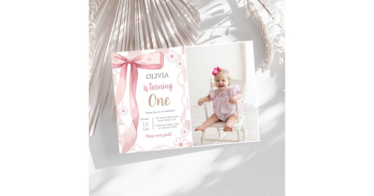 Pink Bow 1st Birthday Girl Photo Invitation | Zazzle
