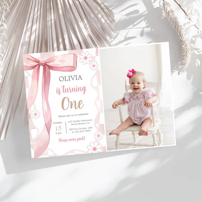 Pink Bow 1st Birthday Girl Photo Invitation | Zazzle