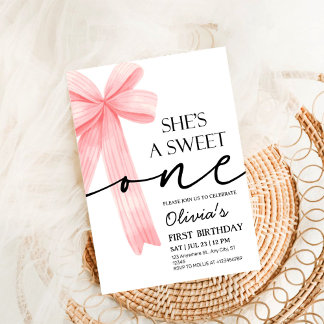 Pink Bow 1st Birthday Invitation
