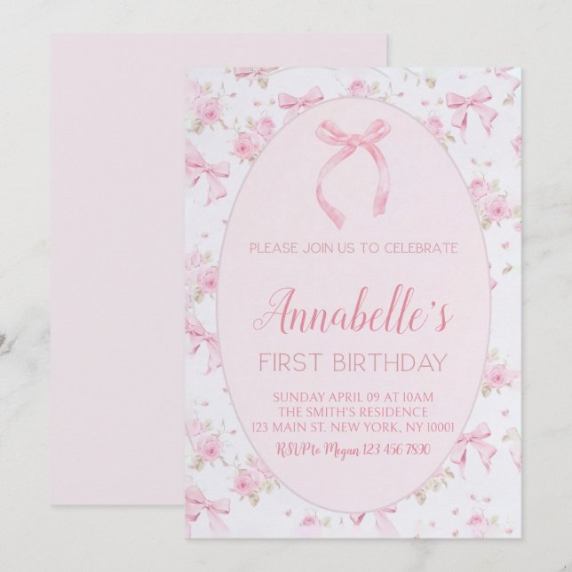 Pink Bow 1st Birthday Invitation, Floral Pink Bow  Invitation (Front/Back)