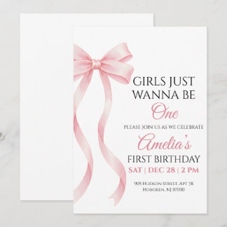 Pink Bow 1st Birthday Invitation for Baby Girl
