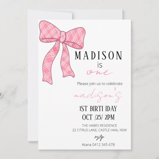 Pink Bow 1st Birthday Invitation Girl, First Birth (Front)