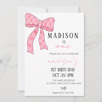 Pink Bow 1st Birthday Invitation Girl, First Birth