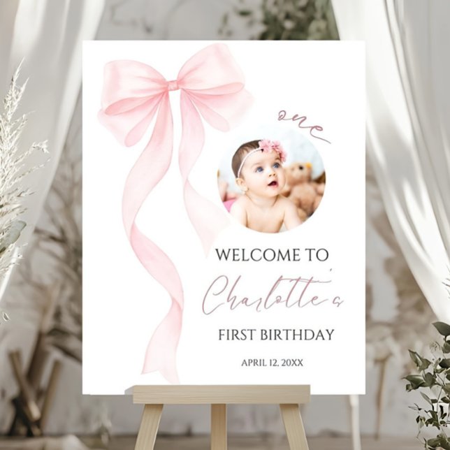 Pink Bow 1st Birthday Welcome Photo Sign Coquette  (Creator Uploaded)