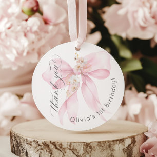 Pink Bow 1st girl Birthday Onderful Thank you Favor Tags