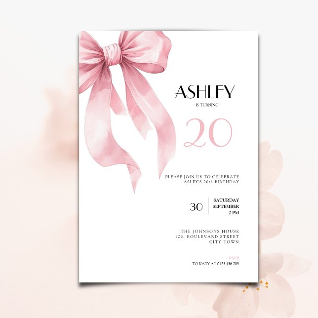 Pink Bow 20th Birthday Invitation for Girls (Pink bow coquette 20th birthday invitation for girls and woman
)