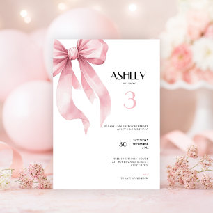 Pink Bow 3rd Birthday Invitation for Girls