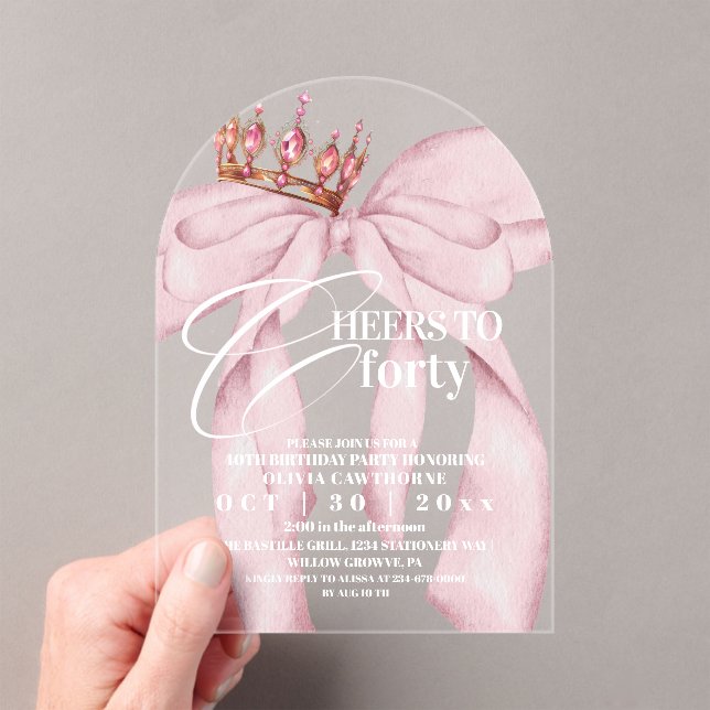 Pink Bow 40th  Birthday Party  Acrylic Invitations (Insitu (Handheld))