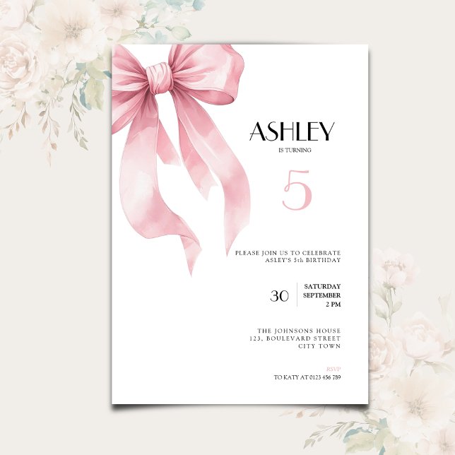 Pink Bow 5th Birthday Invitation for Girls (Pink bow coquette ribbon 5th birthday invitation for girls.)