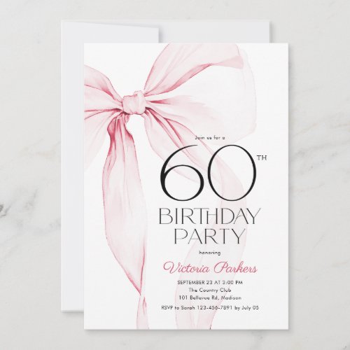Pink Bow 60th Birthday Elegant Feminine Invitation