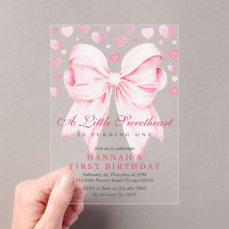 Pink Bow A Little Sweetheart First Birthday Acrylic Invitations
