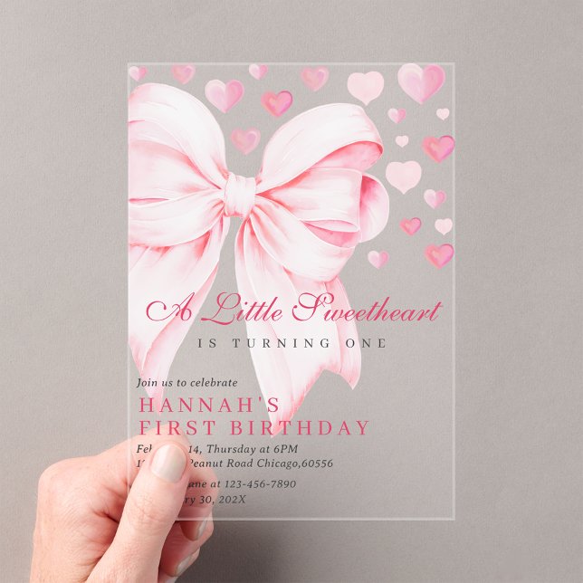 Pink Bow A Little Sweetheart First Birthday Acrylic Invitations (Creator Uploaded)