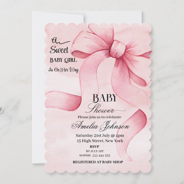 Pink Bow "A Sweet Baby Girl In On Her Way"  Invitation (Front)