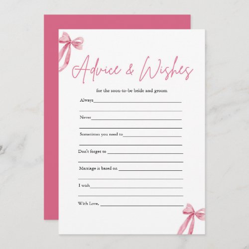 Pink Bow Advice and Wishes Bridal Shower Game Invitation