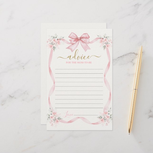 Pink Bow Advice for the Mom To Be card (Front/Back In Situ)