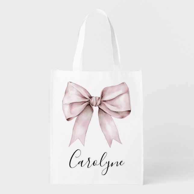 Pink bow aesthetic coquette Personalized Name Grocery Bag (Front)