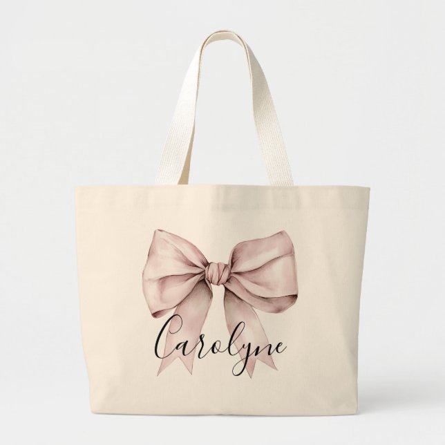 Pink bow aesthetic coquette Personalized Name Large Tote Bag (Front)