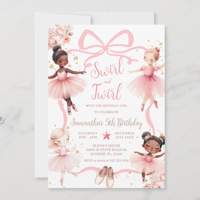 Pink Bow African American Ballerina Tutu Birthday Invitation (Front)