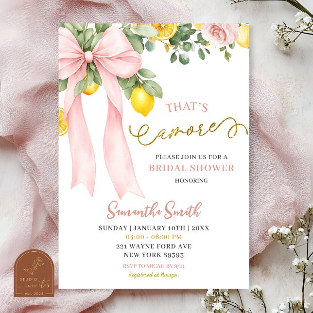 Pink Bow Amalfi Lemon That's Amore Bridal Shower Invitation (Creator Uploaded)